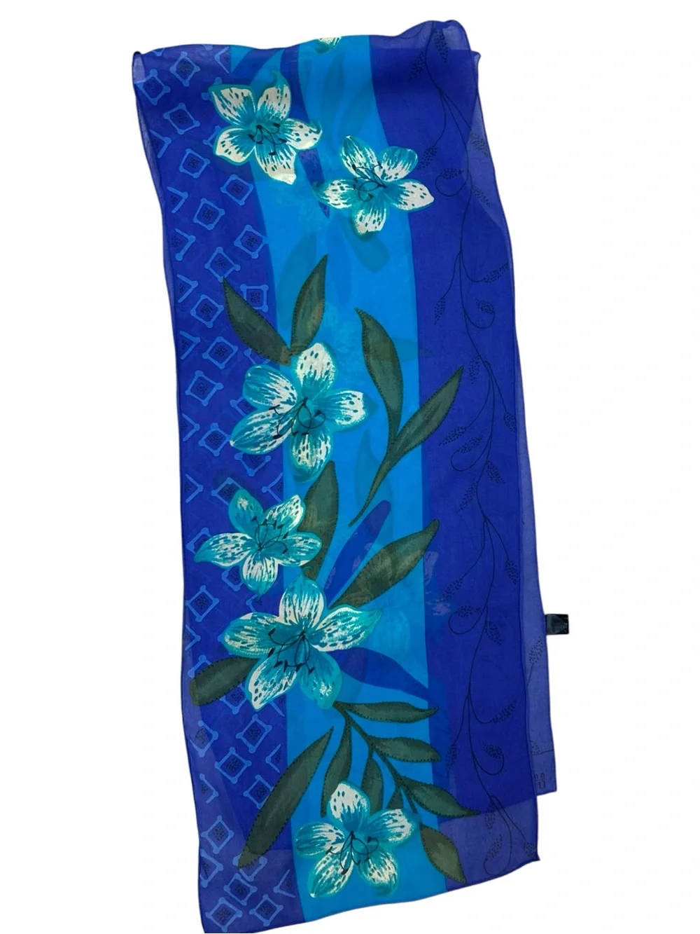 Vintage Silk Floral Oblong Scarf Blue Purple Tropical Flower Sheer
